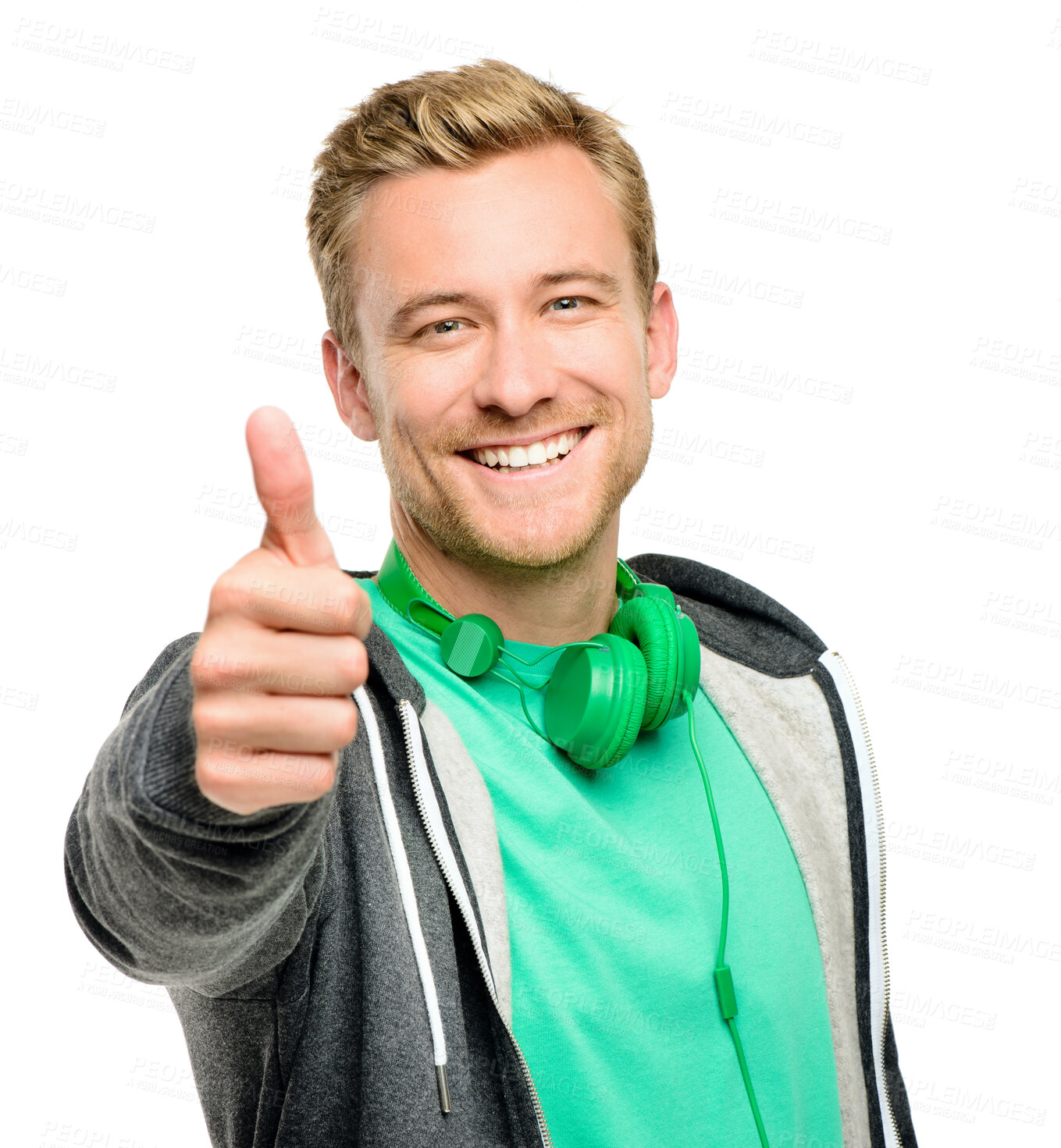 Buy stock photo Fitness, studio and portrait of man with thumbs up for sports, training and approval of exercise. Happy, athlete and male person with headphones on white background for workout, success and support