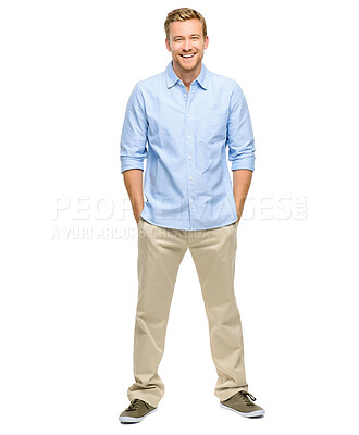 Buy stock photo Business, man and portrait with smile in studio for career, ambition and confidence in job. Happy, professional and male person with pride in work for company, positivity and joy on white background