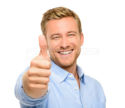 Buy stock photo Smile, studio and portrait of businessman with thumbs up for job, success and approval of career. Happy, worker and male person with gesture on white background for agreement, support and winning