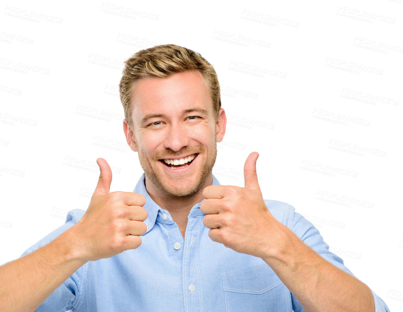 Buy stock photo Confident, studio and portrait of businessman with thumbs up for career, success and approval of job. Happy, worker and male person with gesture on white background for winning, support and agreement