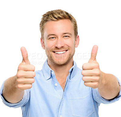 Buy stock photo Happy, studio and portrait of businessman with thumbs up for career, success and approval of service. Smile, worker and male person with gesture on white background for agreement, support and winning