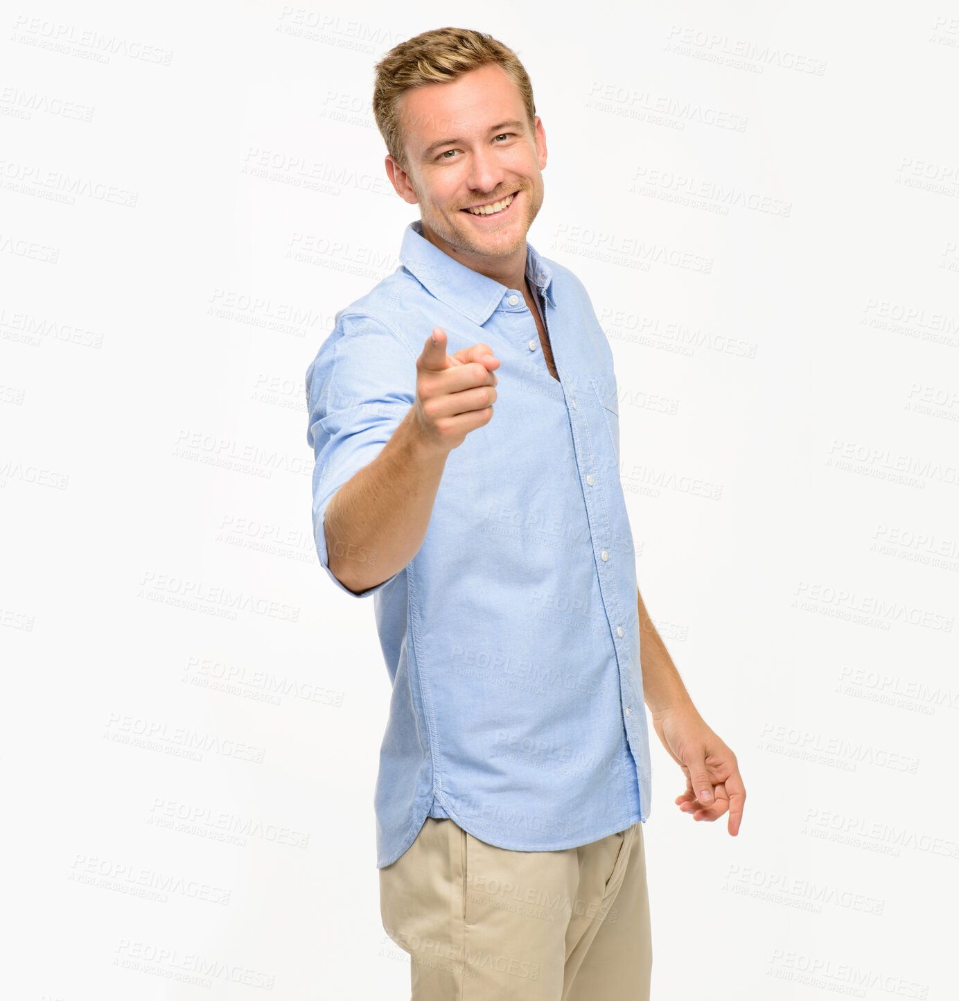 Buy stock photo Happy, portrait and man in studio pointing at you for choice, decision or opportunity for promo with smile. Offer, deal and male person showing announcement, notification or vote on white background.