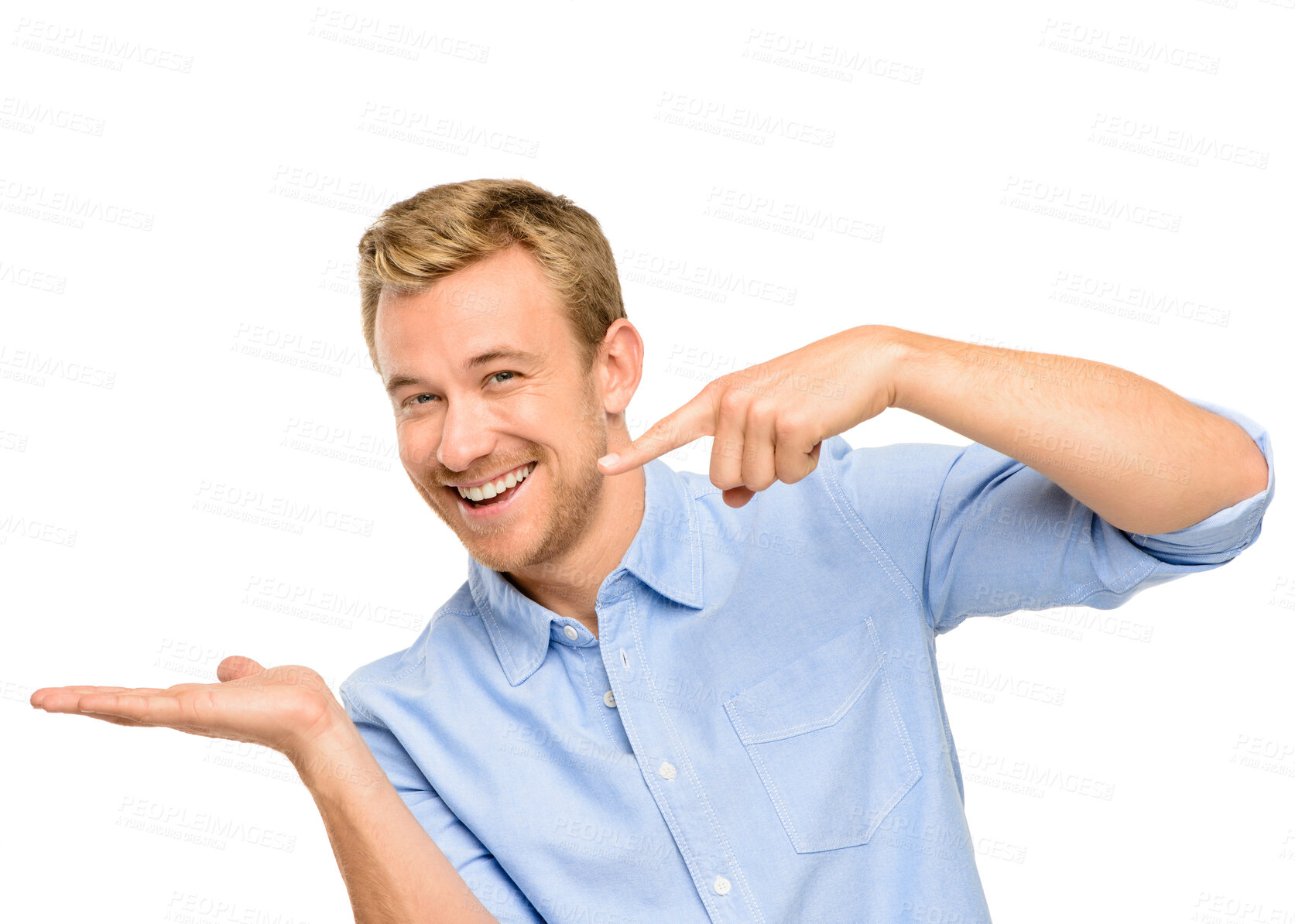 Buy stock photo Man, portrait and pointing at product placement in studio for choice, decision or opportunity for promotion. Offer, deal and happy male person showing announcement, brand or prize on white background