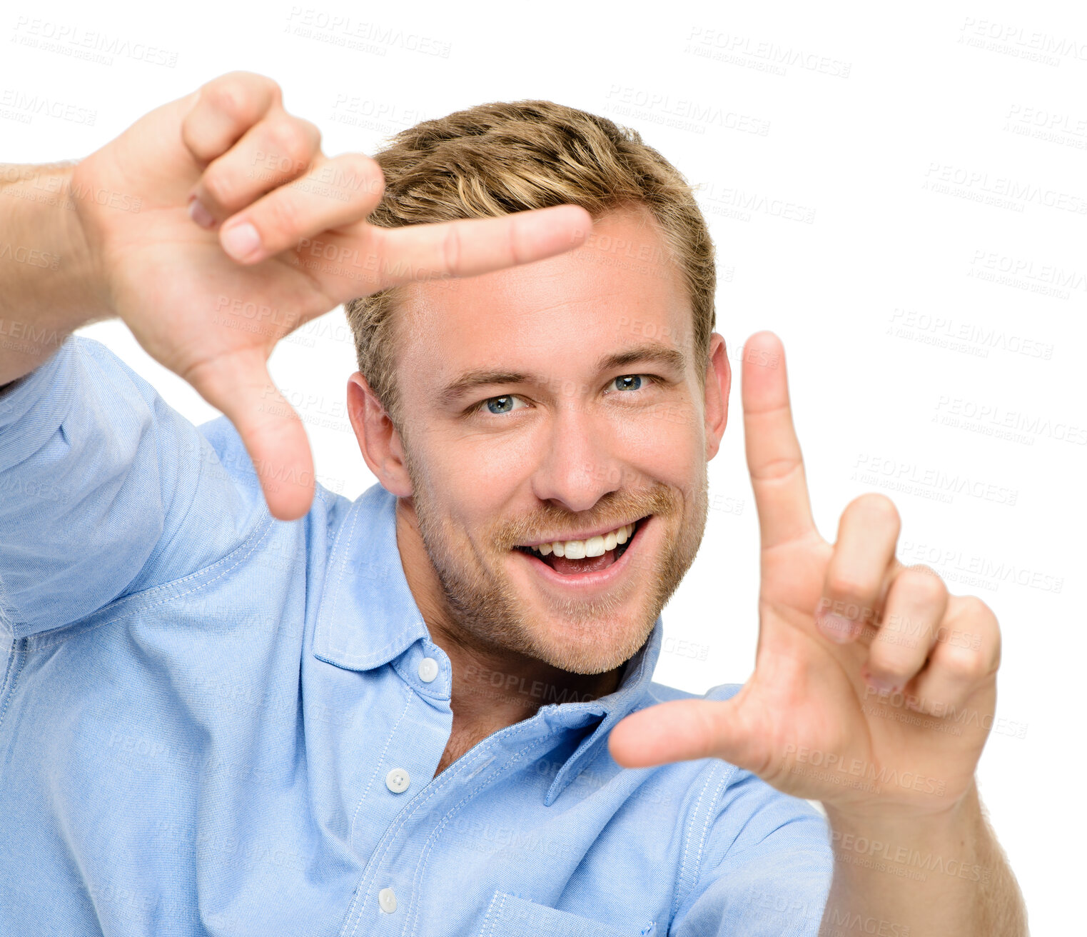 Buy stock photo Hands, frame and portrait of man with smile in studio for perspective, headshot and shape. Happy, finger and isolated person with gesture for photography, picture and sign on white background