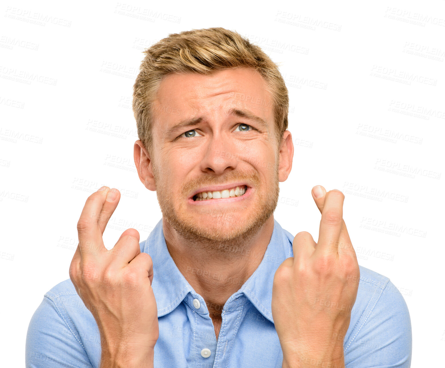 Buy stock photo Wish, fingers crossed and face of man on a white background with anxiety, worry and hope for news. Emoji, luck and isolated person with hand gesture, sign and anxious for announcement in studio