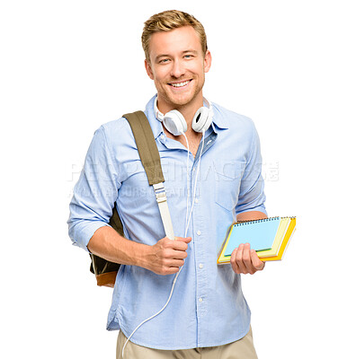 Buy stock photo Man, college student and backpack in studio portrait with smile, headphones and books by white background. Person, happy and bag for learning, development and education for scholarship in Germany