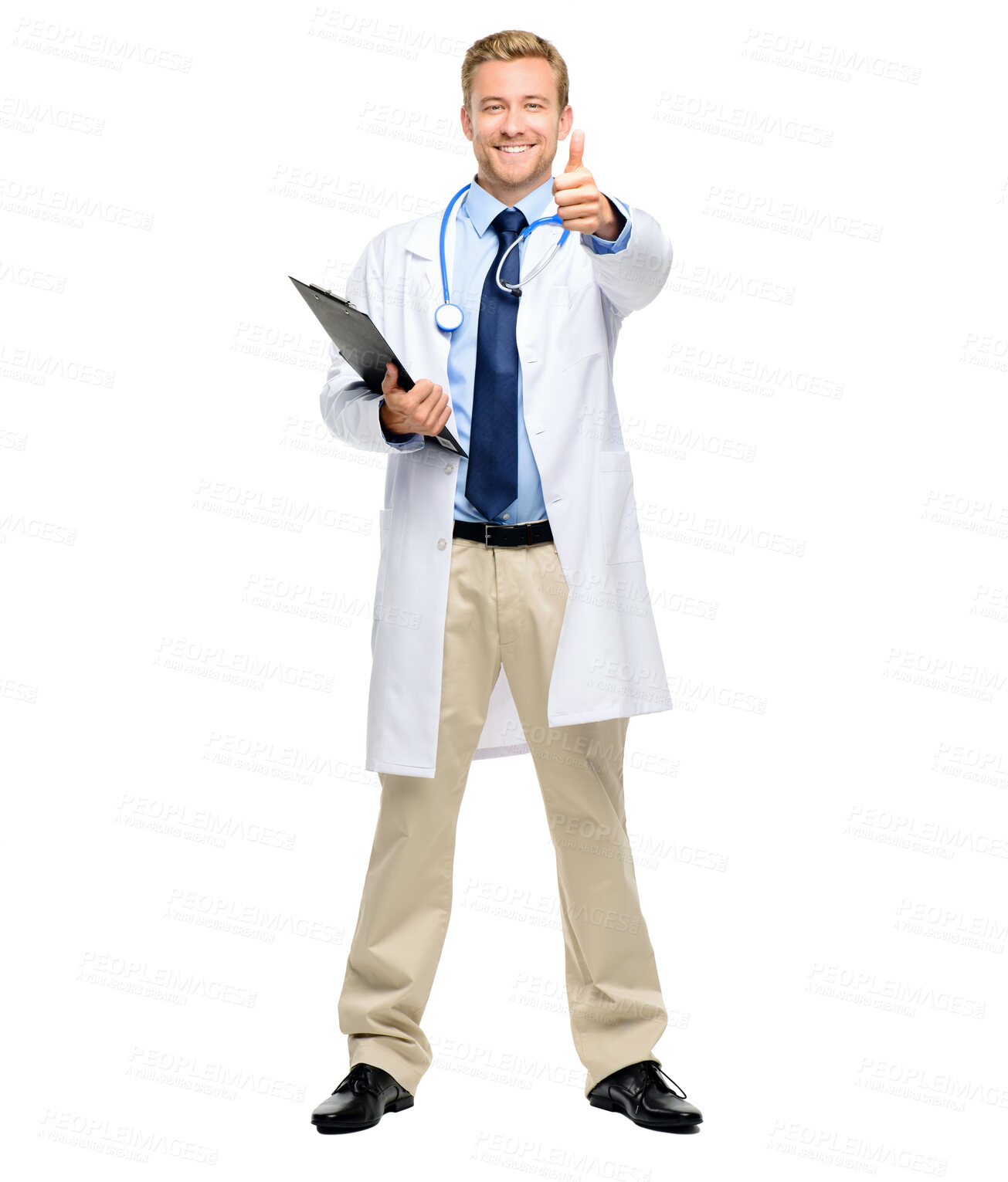 Buy stock photo Doctor, portrait and happy man with thumbs up in studio with information, medical results or approval. Clipboard, stethoscope and physician for good news, consultation and gesture on white background