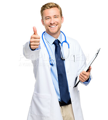 Buy stock photo Doctor, portrait and man with thumbs up in studio with information, medical results or approval. Clipboard, stethoscope and physician for good news, consultation and hand gesture on white background