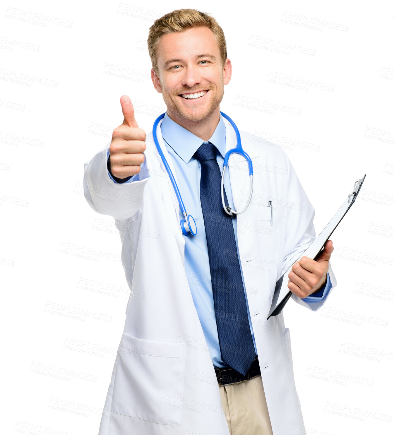 Buy stock photo Doctor, portrait and man with thumbs up in studio with information, medical results or approval. Clipboard, stethoscope and physician for good news, consultation and hand gesture on white background