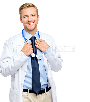 Buy stock photo Hospital, doctor and portrait of man in studio with stethoscope for medical career, job or work. Clinic worker, healthcare and isolated person for cardiology, service and wellness on white background