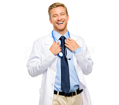 Buy stock photo Hospital, happy and portrait of doctor in studio with stethoscope for medical career, job or work. Clinic worker, healthcare and isolated man for cardiology, service and wellness on white background