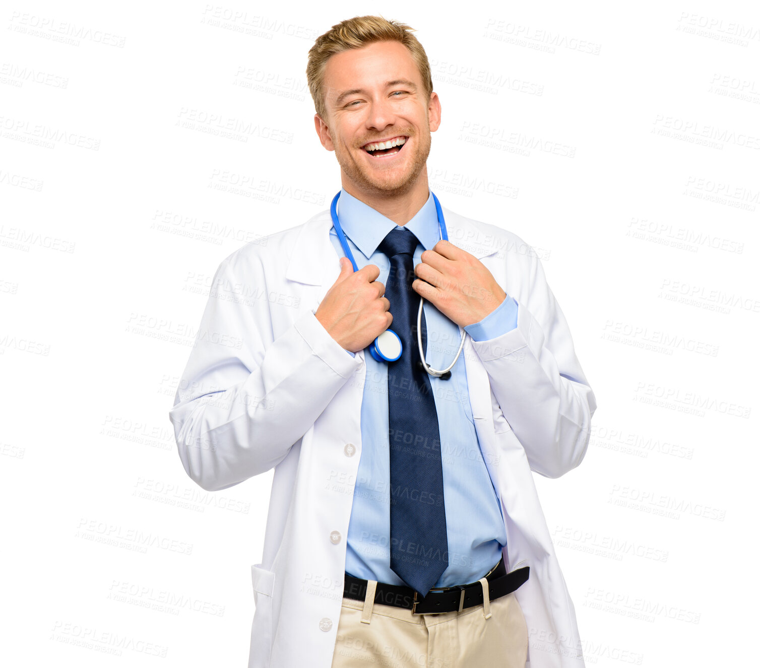 Buy stock photo Hospital, happy and portrait of doctor in studio with stethoscope for medical career, job or work. Clinic worker, healthcare and isolated man for cardiology, service and wellness on white background