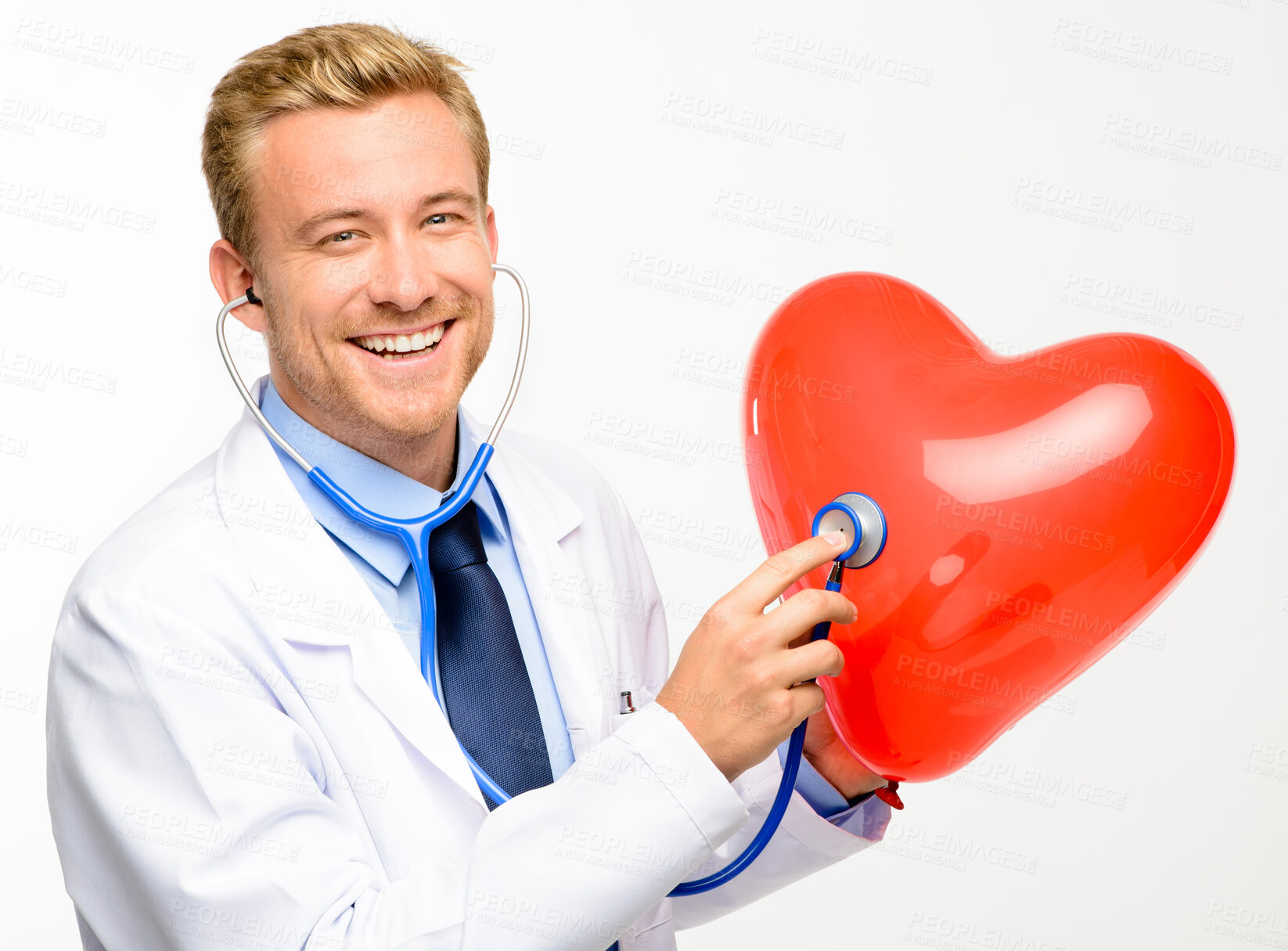 Buy stock photo Portrait, man or doctor with stethoscope on heart in studio with smile, care icon or advice on cholesterol. Healthcare, support or happy medical professional with cardiology emoji on white background