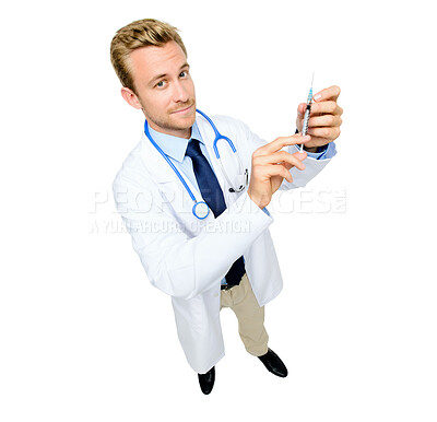 Buy stock photo Portrait, man or doctor in studio with syringe for healthcare, vaccine and medicine for virus from above. Health, diabetes and medical professional with insulin injection, care and white background