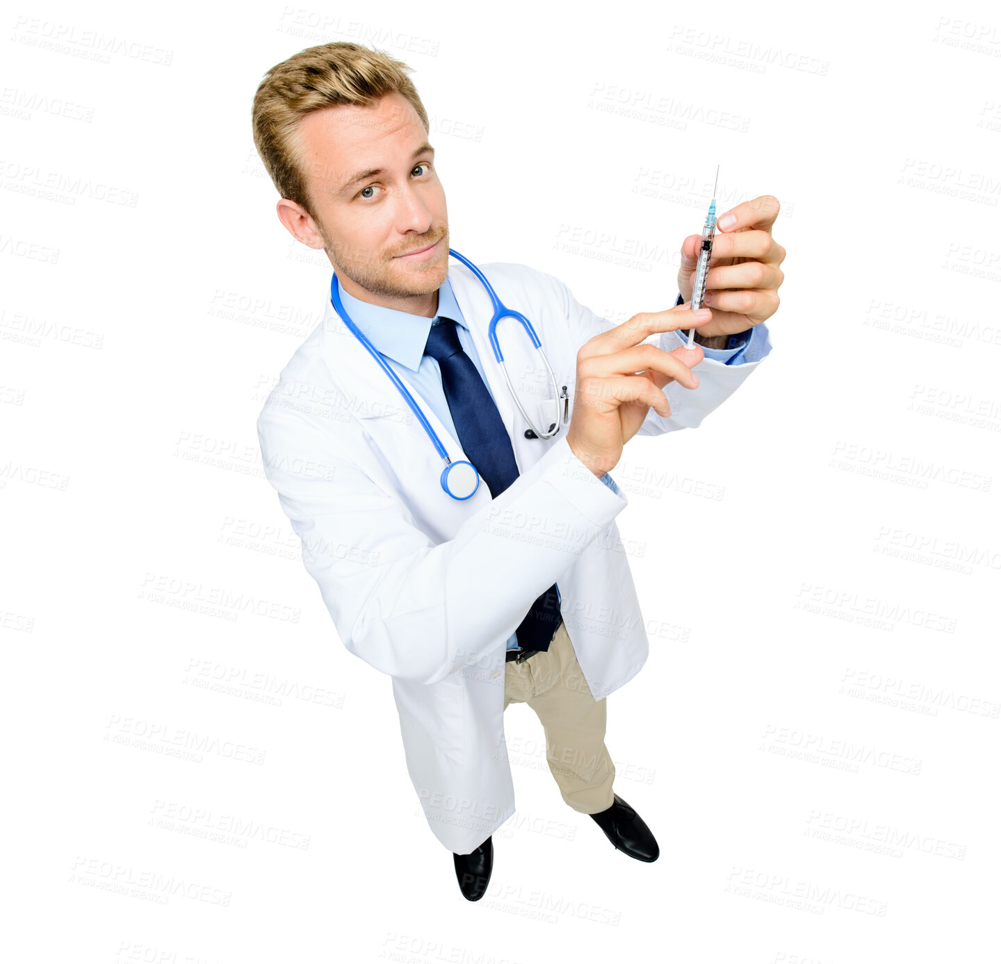 Buy stock photo Portrait, man or doctor in studio with syringe for healthcare, vaccine and medicine for virus from above. Health, diabetes and medical professional with insulin injection, care and white background