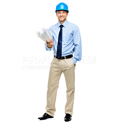 Buy stock photo Architecture, blueprint and happy with portrait of man in studio for engineering, designer and building, Graphics, floor plan and construction with male contractor on white background for inspection