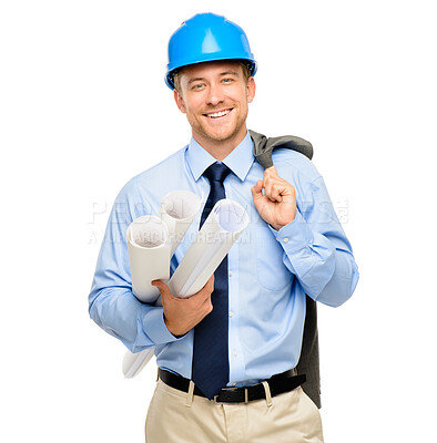 Buy stock photo Architecture, blueprint and smile with portrait of man in studio for engineering, isolated and building, Graphics, floor plan and construction with male contractor on white background for inspection