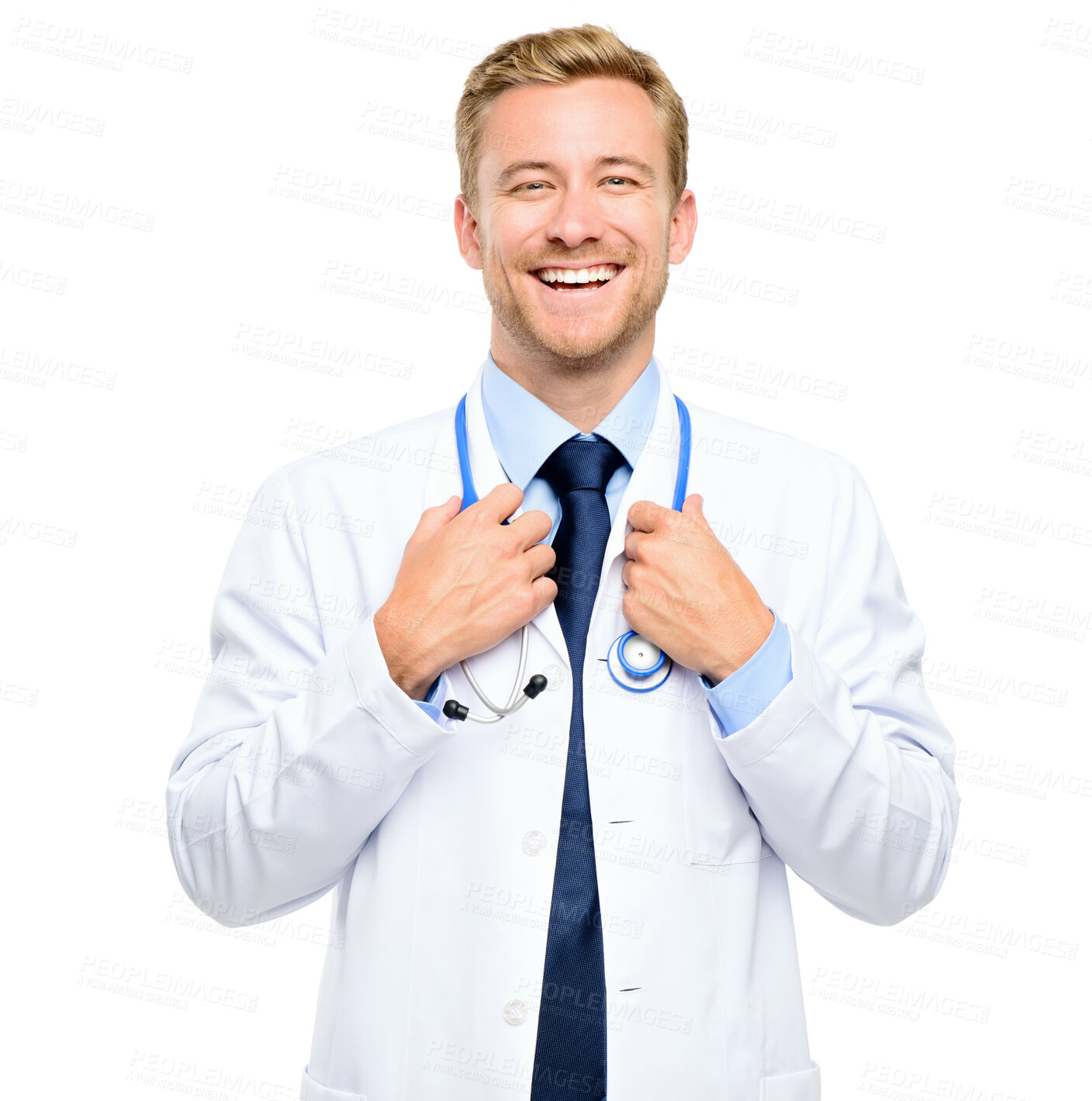 Buy stock photo Healthcare, stethoscope and portrait of doctor in studio for medical career, confidence and pride. Clinic, equipment and isolated happy person for cardiology, service and wellness on white background