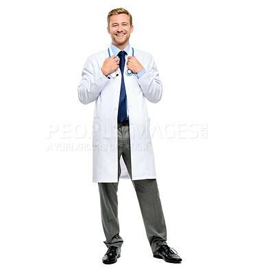 Buy stock photo Hospital, stethoscope and portrait of doctor in studio for medical career, confidence and pride. Clinic, healthcare and isolated happy person for cardiology, service and wellness on white background