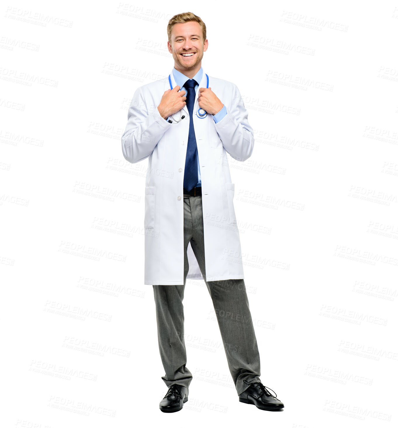 Buy stock photo Hospital, stethoscope and portrait of doctor in studio for medical career, confidence and pride. Clinic, healthcare and isolated happy person for cardiology, service and wellness on white background