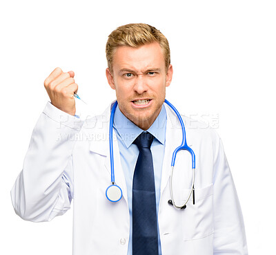 Buy stock photo Portrait, man and angry doctor with syringe for healthcare, vaccine or choice for risk compliance in studio. Health, violence and scary medical professional with injection, drugs and white background