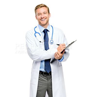 Buy stock photo Clipboard, doctor and portrait of man in studio with stethoscope for medical career, notes or checklist. Clinic, healthcare and isolated person for cardiology, service or wellness on white background