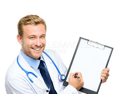 Buy stock photo Writing, clipboard and portrait of doctor in studio with stethoscope for medical career, job and notes. Mockup space, healthcare and man for cardiology, service and wellness on white background