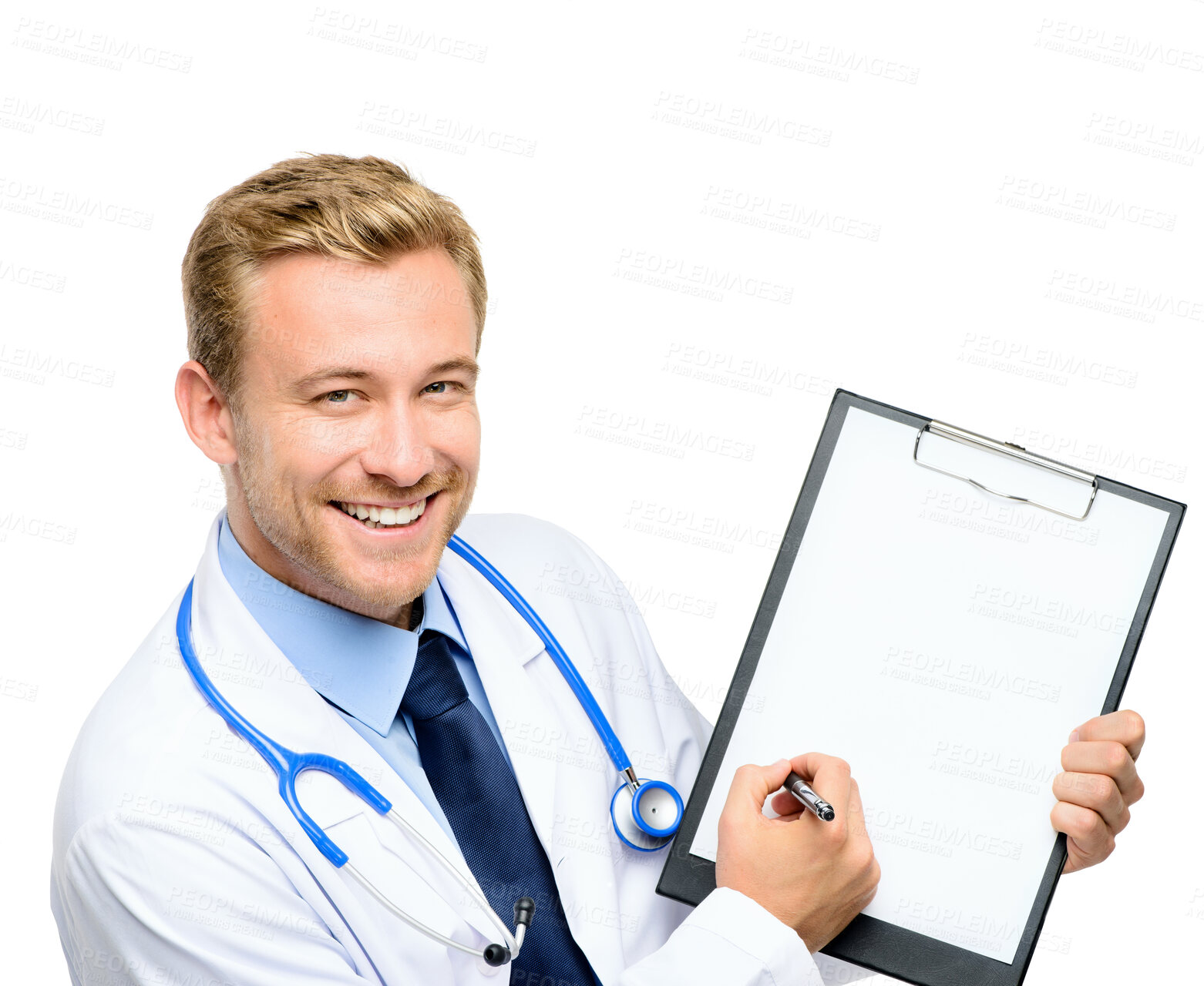 Buy stock photo Writing, clipboard and portrait of doctor in studio with stethoscope for medical career, job and notes. Mockup space, healthcare and man for cardiology, service and wellness on white background