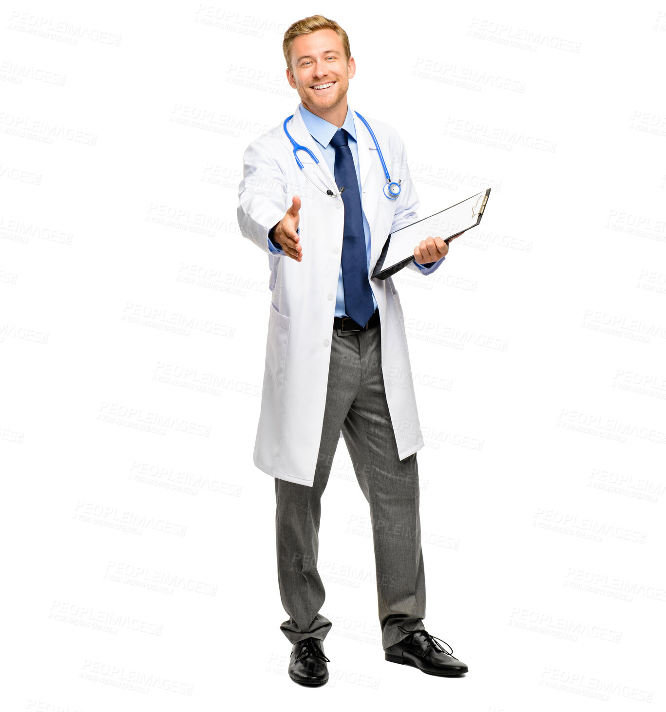 Buy stock photo Handshake, clipboard and portrait of doctor in studio with stethoscope for greeting, deal and welcome. Clinic, healthcare and isolated person for cardiology, service and wellness on white background