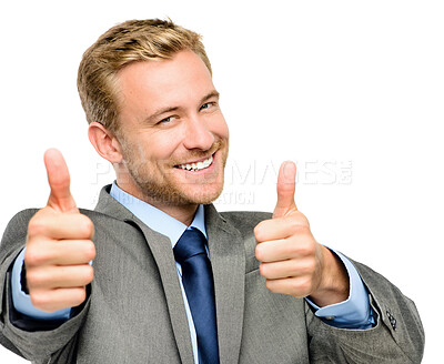 Buy stock photo Portrait, happy and thumbs up with a business man in studio isolated on a white background for motivation. Professional face, like and male employee in suit for yes, thank you or success for support