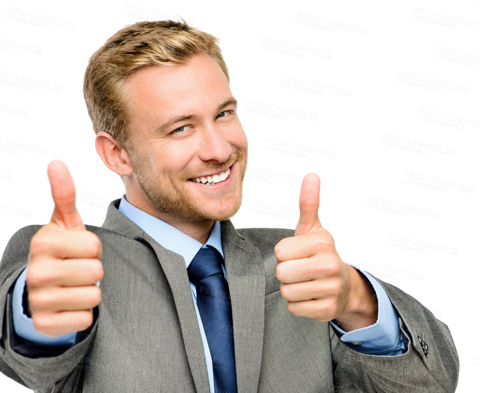 Buy stock photo Portrait, happy and thumbs up with a business man in studio isolated on a white background for motivation. Professional face, like and male employee in suit for yes, thank you or success for support