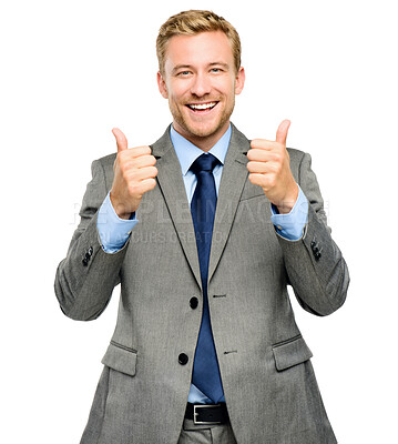 Buy stock photo Portrait, thank you and thumbs up with a business man in studio isolated on a white background for motivation. Professional, smile and a happy accountant in a suit to gesture like or yes in support