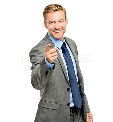 Buy stock photo Businessman, smile and point at you in studio portrait for recruitment, onboarding and choice by white background. Person, happy and call to action for hiring, decision and human resources for job