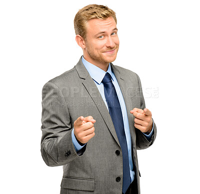 Buy stock photo Businessman, happy and point at you in studio portrait for recruitment, onboarding and choice by white background. Person, smile and call to action for hiring, decision and human resources for job