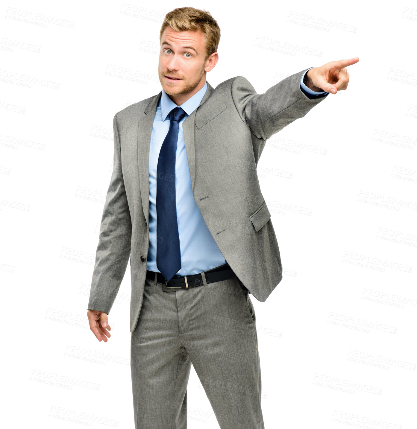 Buy stock photo Portrait, business and man with anger, pointing and employee isolated on white studio background. Face, person and human resources with hand gesture, fire and warning with disciplinary officer