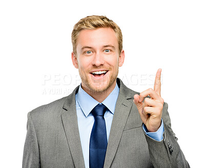 Buy stock photo Smile, portrait and businessman pointing up in studio at product placement, opportunity or promotion. Offer, business deal and happy man showing announcement, opinion or vote on white background