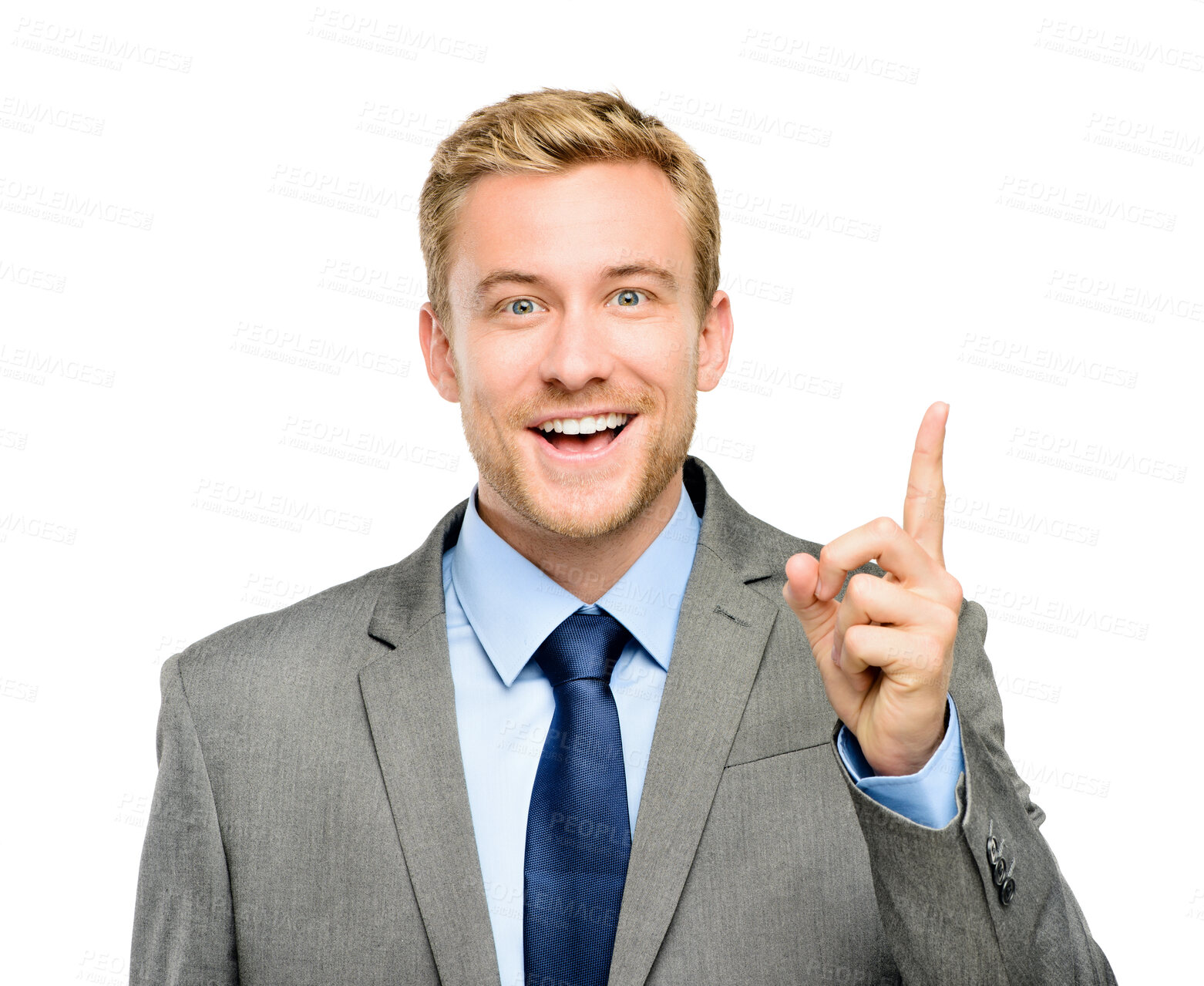 Buy stock photo Smile, portrait and businessman pointing up in studio at product placement, opportunity or promotion. Offer, business deal and happy man showing announcement, opinion or vote on white background