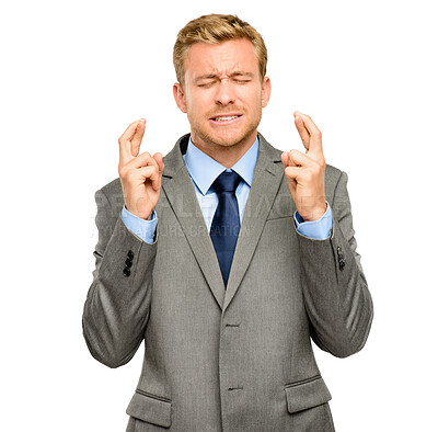 Buy stock photo Business, nervous and man with fingers crossed, stress and employee isolated on white studio background. Person, model and consultant with hand gesture, belief and wish with anxiety for promotion