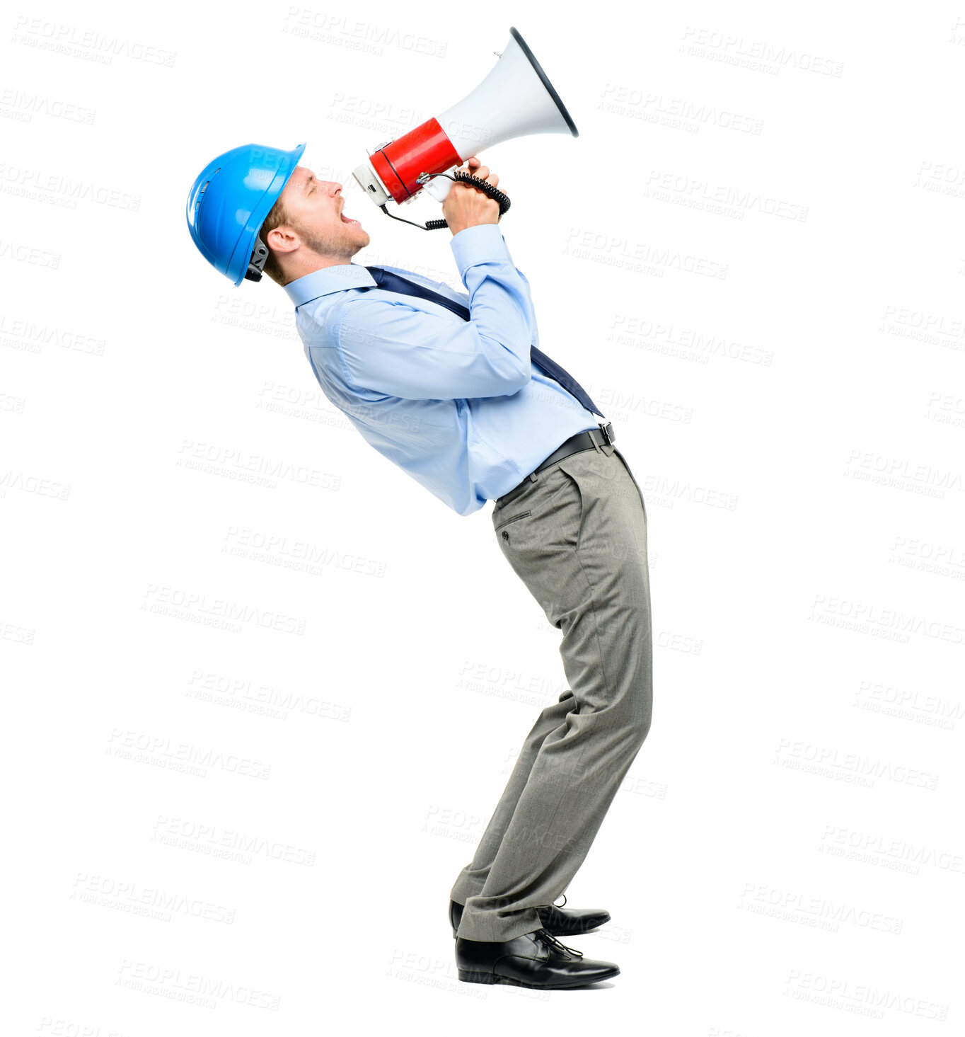 Buy stock photo Construction worker, engineer and a man shouting into a megaphone in studio isolated on a white background. Architect, builder and a male designer screaming during a project for property development