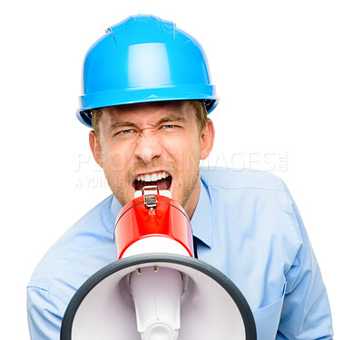 Buy stock photo Construction worker, portrait and a man shouting into a megaphone in studio isolated on a white background. Engineer, builder and a male designer screaming during a building project for architecture