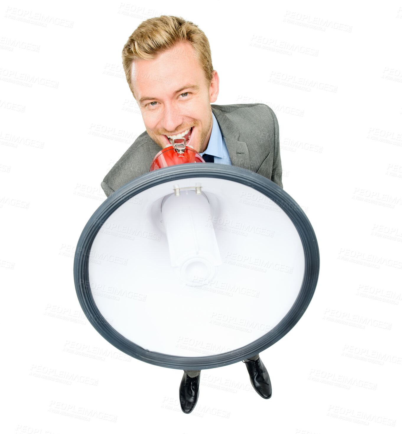 Buy stock photo Business man, bullhorn and studio portrait with smile, above or announcement for company by white background. Person, megaphone or speaker with news, protest and speech for worker rights with opinion