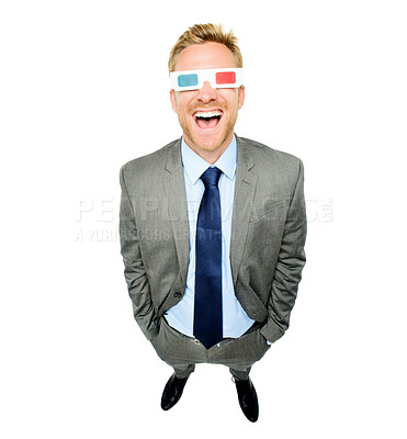 Buy stock photo Happy, business man and 3d glasses for cinema, film and movie with excited entrepreneur in studio. Above, professional and corporate fashion with comedy and funny series with white background