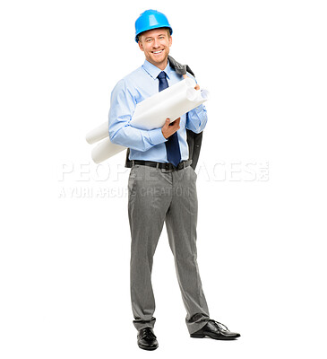 Buy stock photo Engineering, blueprint and happy with portrait of man in studio for architecture, designer and building, Graphics, floor plan and construction with male contractor on white background for inspection