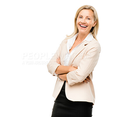 Buy stock photo Confidence, portrait and happy businesswoman in studio with pride, business mockup and project management. Smile, space and mature woman with professional career, arms crossed and white background