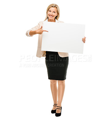 Buy stock photo Happy woman, portrait and pointing to billboard for advertising on mockup space isolated on a white studio background. Female person or employee with paper, sign or poster for market advertisement