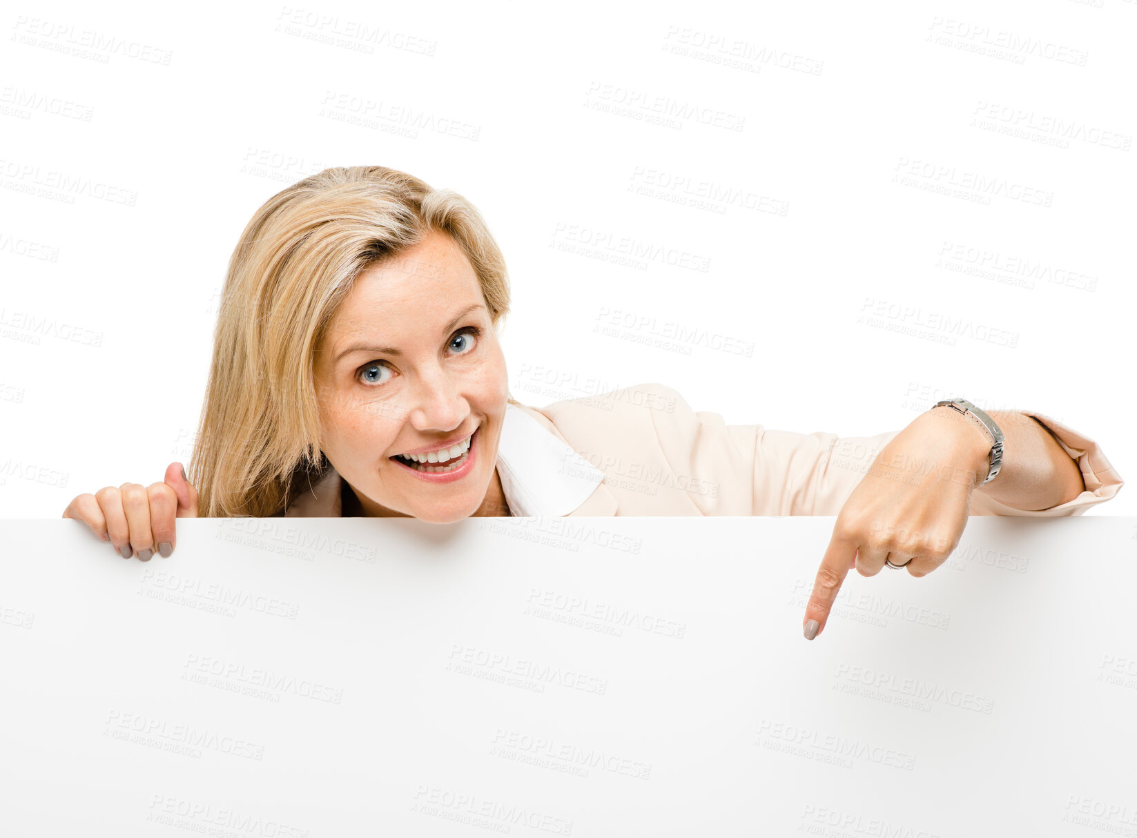 Buy stock photo Banner, portrait and mature woman with hand pointing in studio to mockup, timeline or news on white background. Face, smile and happy lady show steps, menu or promo, announcement or coming soon deal