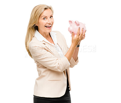 Buy stock photo Happy woman, portrait and piggy bank for money savings or investment isolated on a white studio background. Excited female person with piggybank for coins, budget finance or cash on mockup space