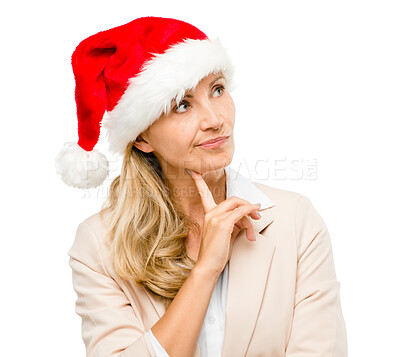 Buy stock photo Christmas hat, thinking and business woman in studio for holiday, vacation and festive season. Corporate, professional and isolated person for gift ideas, surprise and present on white background