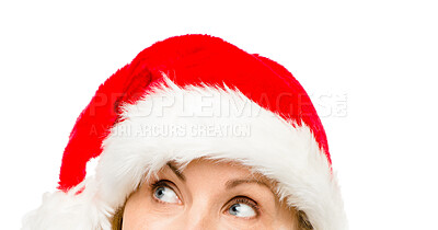 Buy stock photo Woman, eyes and Santa hat in studio with thinking, celebration and festive with style by white background. Person, xmas and culture with memory, fashion and event on holiday with Christmas spirit