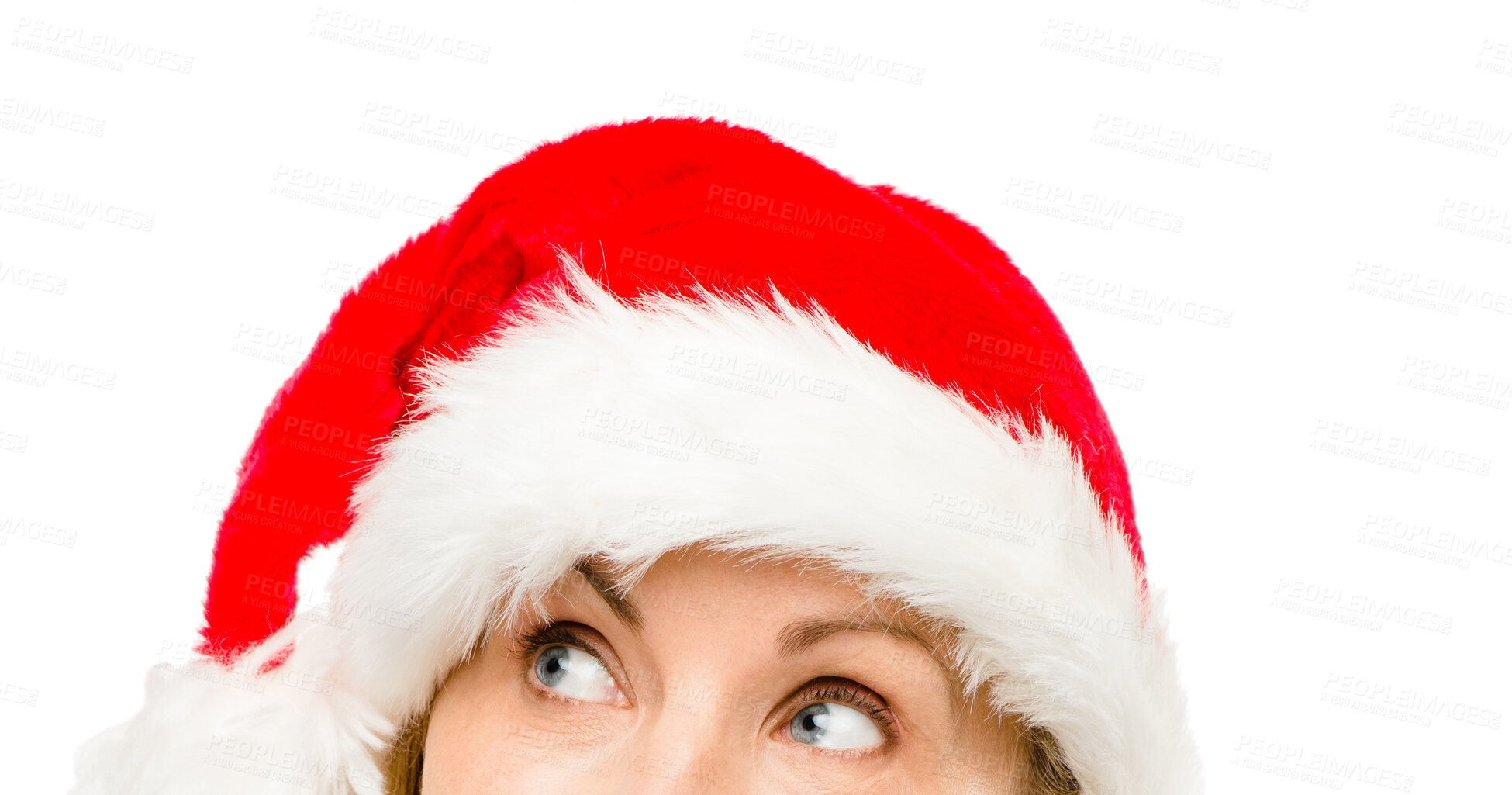 Buy stock photo Woman, eyes and Santa hat in studio with thinking, celebration and festive with style by white background. Person, xmas and culture with memory, fashion and event on holiday with Christmas spirit